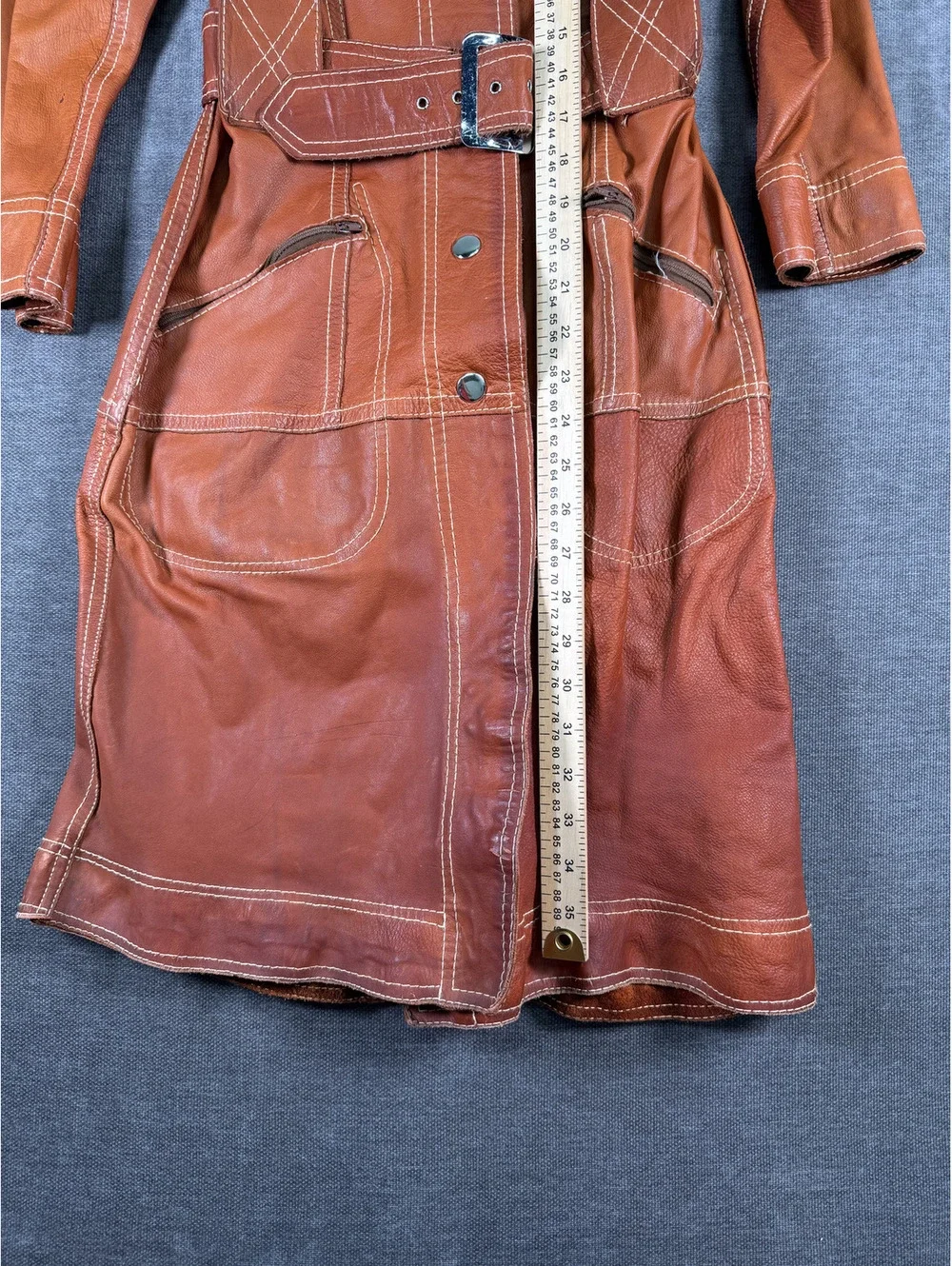 Vintage 1970s Leather Belted Trench Coat in Rust Orange with Contrast Stitching